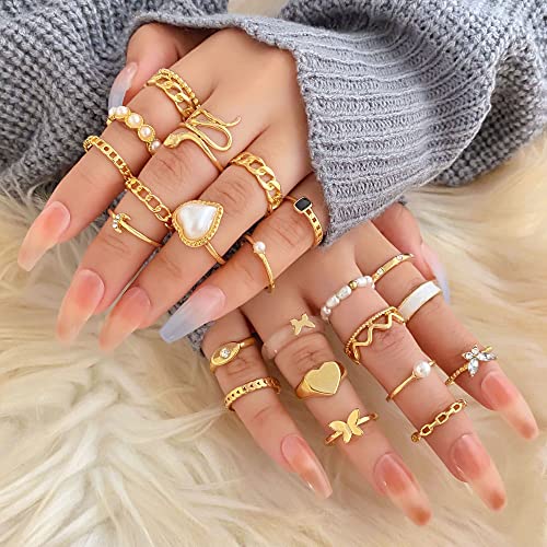 Zovoli 25-38Pcs Gold Knuckle Rings Set For Women Girls Boho Stackable Rings Vintage Chunky Crystal Pearl Heart Butterfly Open Finger Rings Pack Stacking Joint Midi Trendy Rings For Her (38Pcs) #TOP5