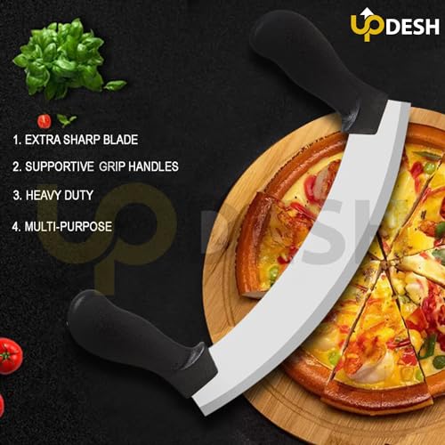 Image of UPDESH Pizza Cutter - Pizza Slicer - Mezzaluna /Mincing Knife - Double Handle Ideal for Mincing, Dicing, Chopping & Slicing (4)