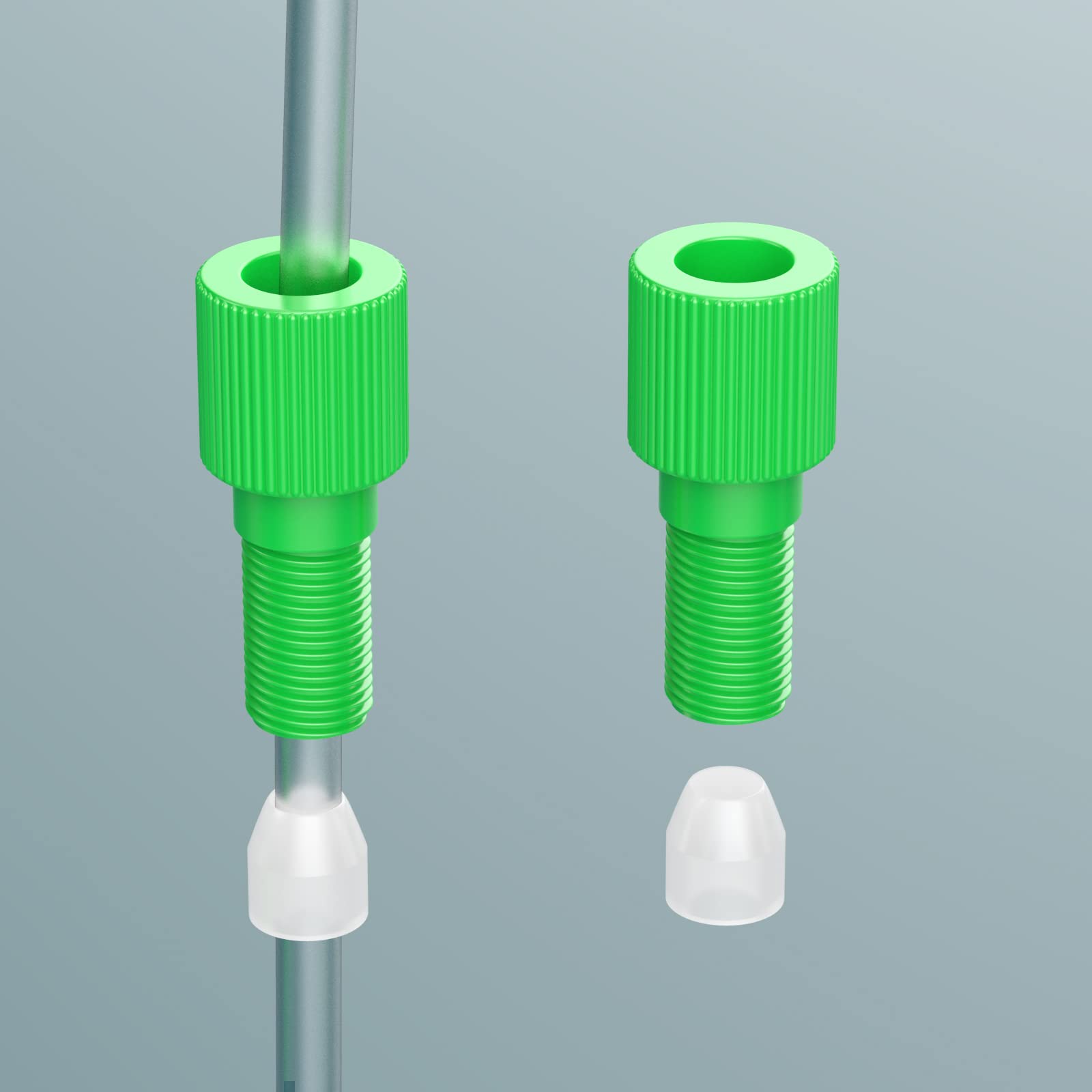 Adaptador de tapa de puerto de 1/4"-28 UNF (M) parte inferior plana para tubos de 1/8" OD de 1/8", conexión de tubo de pared dura con virola de ajuste de compresión; paquete de 2 (verde)