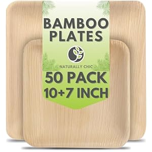 Palm Leaf Plates 10 Inch & 7 Inch Square Bamboo Plates [50-Pack] – Biodegradable and Compostable Plates Set with Appetizer and Dinner Plates – Wood Disposable Plates Party Pack