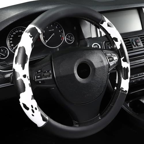 Cow Print Steering Wheel Cover Universal 14.5-15 inch Breathable Microfiber Leather Anti-Slip Car Steering Wheel Protector for Women Men Black&White