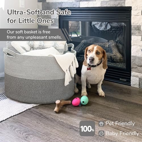 Image of INDRESSME Extra Large Laundry Basket, Cotton Rope Blanket Basket for Nursery Living Room, Decorative Woven Storage Basket with Handles for Dirty Clothes, Toy Bin For Dog Toys, 21.7 x 13.8 inches, Grey