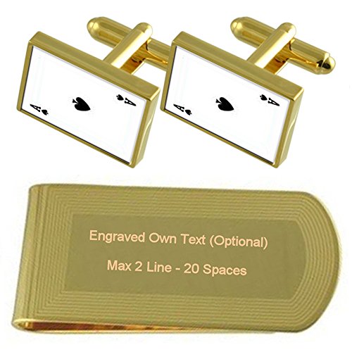 Set de regalo de gemelos de picas y clip de dinero dorado grabado para hombre