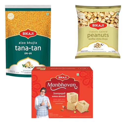 Bikaji Soan papdi manbhavan 500g & salted peanut 200g & tana-tan aloo bhujia 200g | Indian Sweet & Savory Snack Combo | 900g (31.74oz) Gift Pack