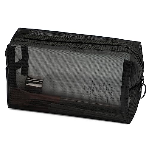 Portable Mesh Makeup Bag with Zipper Small Travel Toiletry Bag Lightweight Cosmetic Pouch (Black Square)