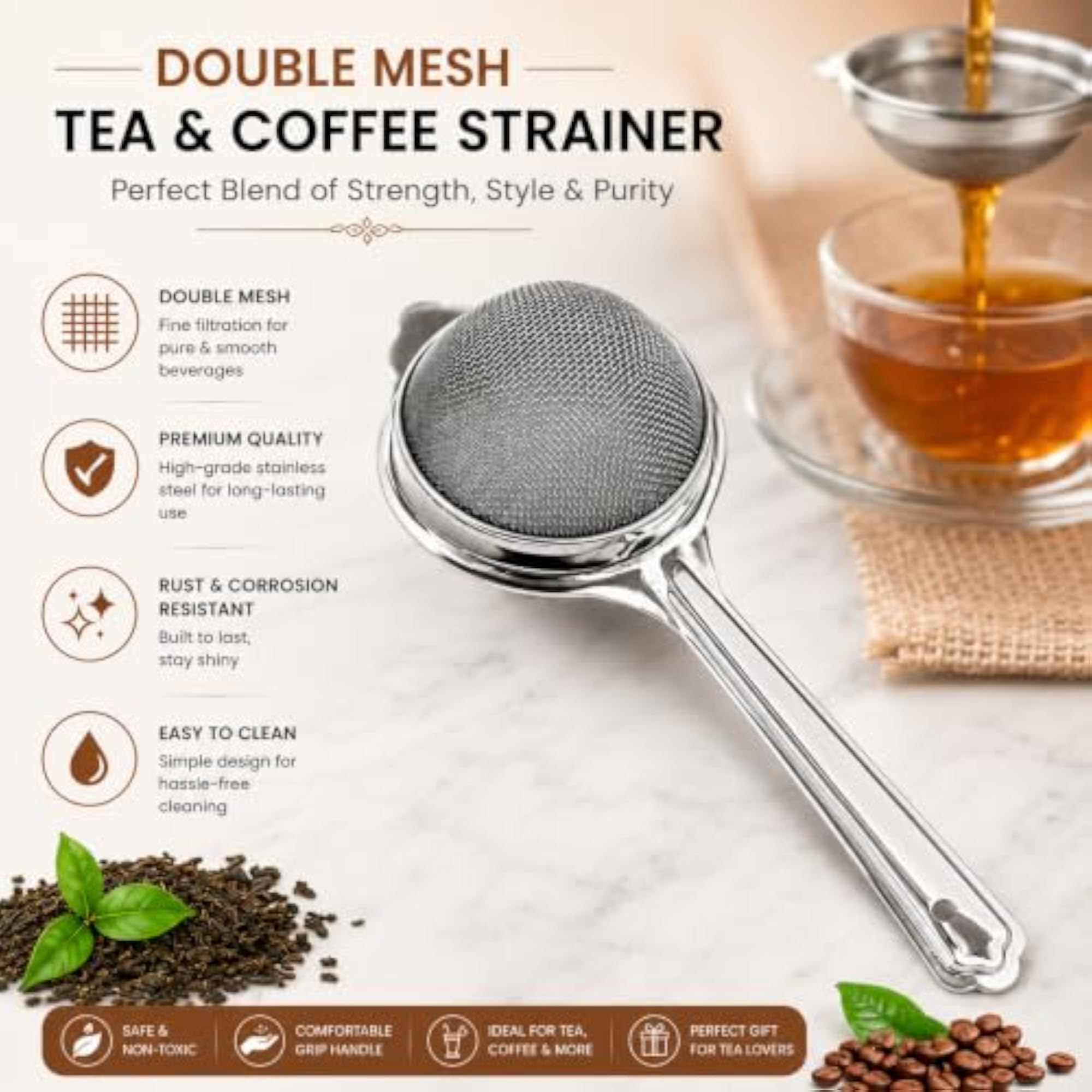 Double Mesh Stainless Steel Tea Strainer, Pack of 2