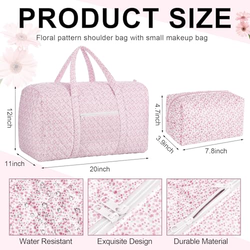2 Pack Floral Travel Duffel Bag Large Quilted Travel Duffle Bag and Pink Floral Makeup Pouch Portable Gym Lightweight Weekender Organizer with Zipper Pockets Grocery Pouch for Women2