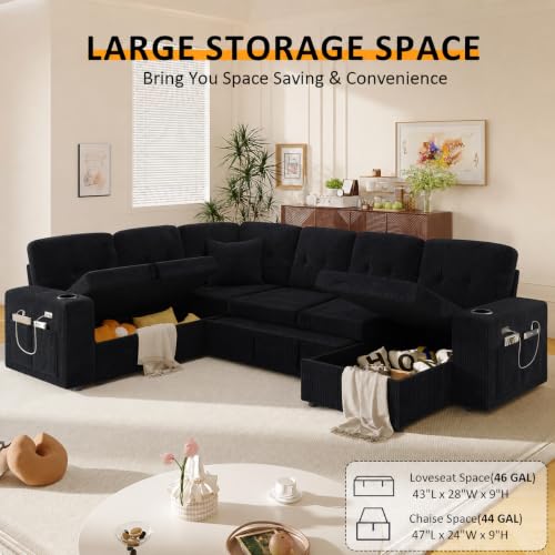 Image of Modular Sectional Sleeper Sofa with Pull Out Bed, 108 Inch U Shaped 7 Seat Couches for Living Room, Chenille Fabric Cloud Couch Bed with Storage, Reclining Backrest, USB Charging, Corduroy