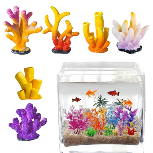 KAHZOR 6 Piezas Decoración de Coral Artificial, Plantas de Acuario Artificiales, Accesorios para Peceras y Acuarios, Decoración para Peceras, de Resina Coral, Colorido Set de Plantas Decorativas