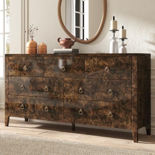 Image of AMERLIFE 61 inch Wide 7 Drawer Dresser with High Gloss Burl Wood, Brown