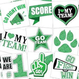 180 Pcs Team Spirit Temporary Tattoo 2″, 1.5″ Face Body Paw Go Team Cheer Tattoo Removable Glitter School Spirit Stickers for Classroom Cheerleading Teams Carnival Sports Games (Green)
