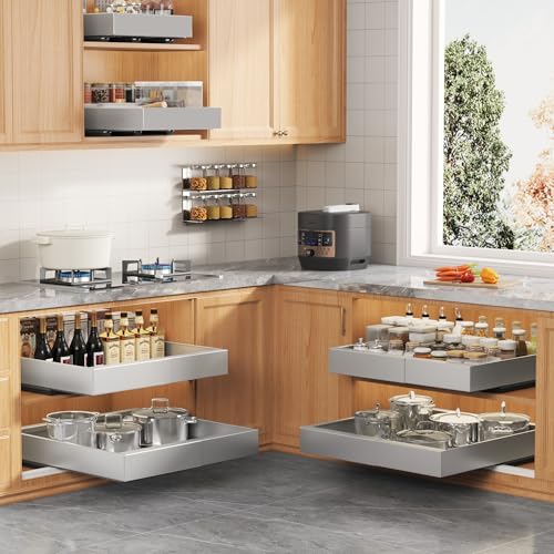2 Pack Expandable Width (15.15"-26.3") Pull Out Cabinet Organizer 21" Deep with Raising Pad for Framed Cabinets, Upgrade 3 Slide Rails Slide Out Drawers, Roll Out Shelves Adhesive, Silver