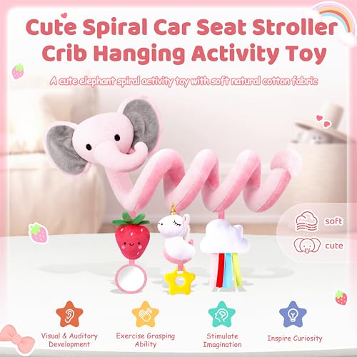 Image of Spiral Car Seat Toys for Baby Girls 0-6 Months, Cute Pink Elephant Strawberry Stuff, Perfect Newborn Shower Gifts for Girls Essentials