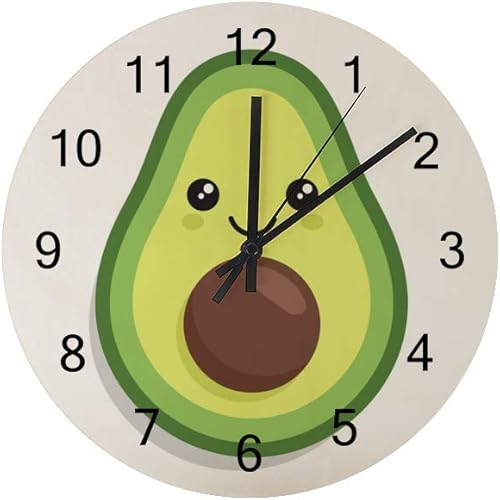 Hapuxt Reloj de pared con pilas, sin sonido de cuarzo, silencioso, movimiento de barrido, kawaii, lindo, sonrisa, aguacate, oficina, baño, sala de