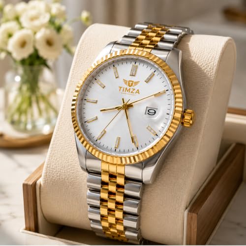Image of Classic Off-White Dial Quartz Watch for Men with Stainless Steel Two Tone Bracelet (Silver-Golden), Magnified Date Window & Water Resistant Build