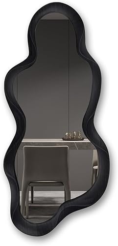 Miniatura 2 de Espejo de pared irregular de 30 x 14 pulgadas, espejo de pared con marco negro de madera asimétrico ondulado para sala de estar, dormitorio,