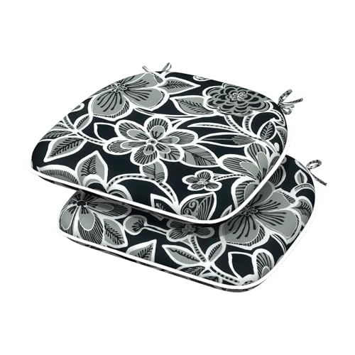 TWLEAR Indoor/Outdoor Chair Cushions 16x17 Inch, Patio Chair Cushions with Ties, All Weather Seat Cushions for Patio Furniture Home Garden Chair Use, Set of 2,Flower Black