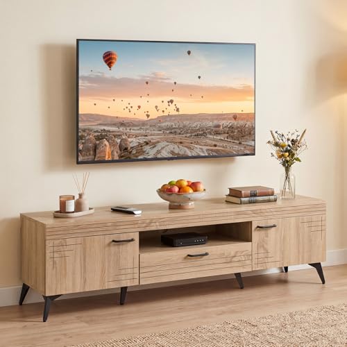 Tangkula Mid Century Modern TV Stand for TVs up to 65”, Entertainment Center with 2 Carved Cabinets, Storage Drawer & Open Shelf, TV Cabinet with Cable Hole, Media Console Table for Living Room (Oak)