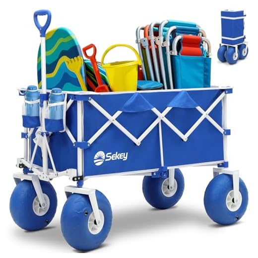 Heavy Duty Beach Wagon with 9" Big Sand-Proof Wheels – 440lb Capacity, Sekey 200L Oversized Foldable Cart | Adjustable Handle & All-Terrain Tires for Sand, Camping, Groceries. Blue&White