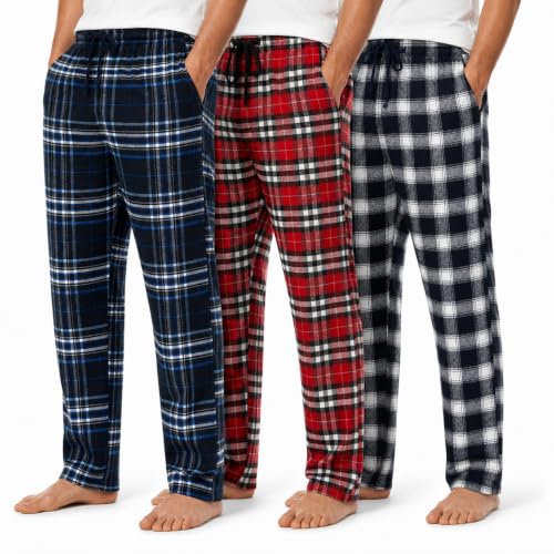 Image of Essential Elements Mens 3 Pack PJ Cotton Flannel Plaid Pajama Lounge Pants | Soft Brushed Warmth With an Elastic Waist, Classic Patterns for Cozy Sleep, Relaxing and Everyday Wear