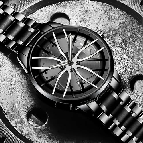 Image of GOLDENIZE FASHION Branded Men's Sport Quartz Watch Car Wheel Dial Rotating Casual Fashion Stainless Steel Alloy Men Multicolour Luxury Watches Wheel Dial Men's Metal Watch Gift Creative Watch (White)