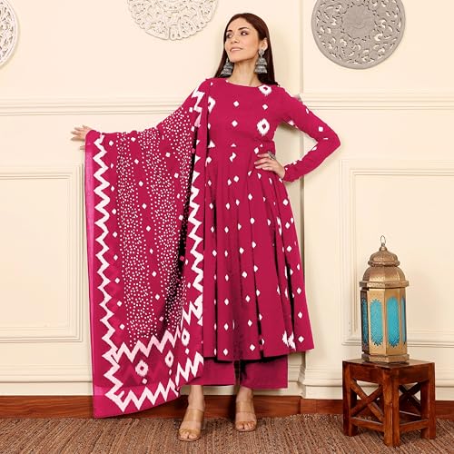 Image of ANNI Designer | Rayon Anarkali Printed Kurta with Pant & Dupatta | Cotton Kurta Set for Women | Stylish Co-Ord Set with Dupatta Ethnic Dress for Women