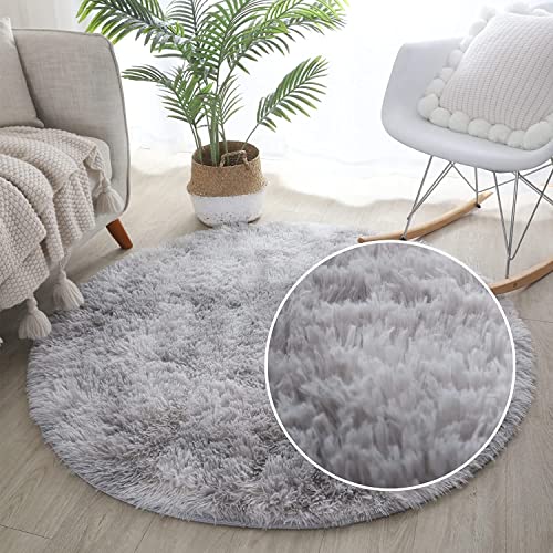 Tenekee Round Rugs for Bedrooms Fluffy Living Room Circle Area Rug Soft Shaggy Carpet for Kids Room Floor Mat(Grey white, 120cm) - Image 4