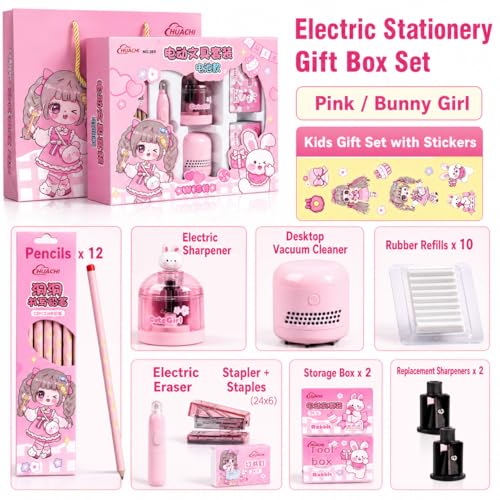 Image of Magicwand Battery Operated Pencil Sharpener,Electric Eraser,Vacuum Cleaner Stationery Set with 10 Eraser Refills for Kids,Adults for Home Office School【Flamingo Pink】