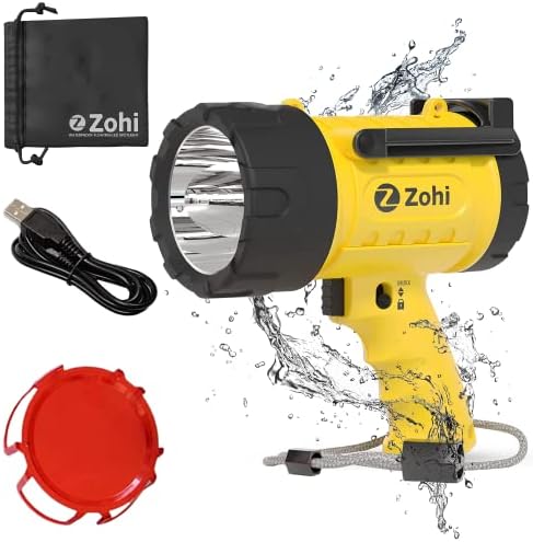 Zohi Waterproof Rechargeable Spotlight High Lumens - LED Super Bright Lumen Flashlight 6000 - USB Rechargeable Searchlight, Boat Spot Light, LED Spotlight Torch, Handheld Powerful Flashlights