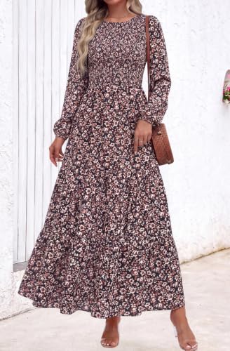 Image of PRETTYGARDEN Women's Fall Dresses 2026 Long Sleeve Flowy Casual Floral Maxi Dress Crew Neck Smocked Tiered Long Dress