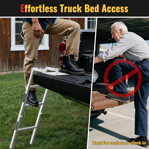 Image of Tailgate Ladder for Pickup Trucks Bed Universal Fit - Rust-proof Stainless Steel Truck Step Adjustable to 41 inch, Foldable Ladder&Non-Slip Aluminium Steps, Steel Self Drilling Screws, Straps & Bumper Pad