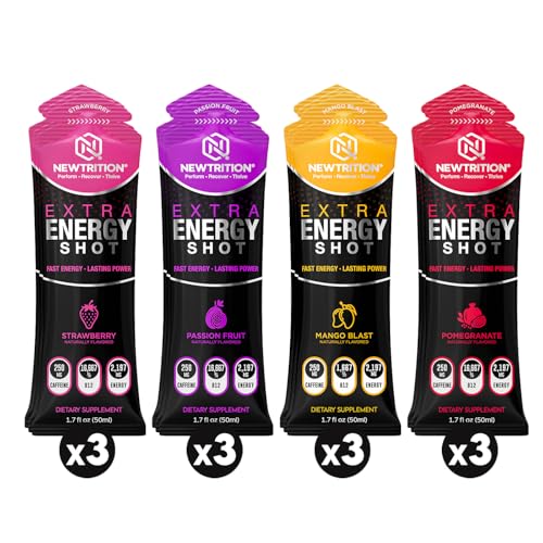 Image of NewTrition Extra Strength Energy Shots 1.7 fl oz - 250mg Caffeine with B Vitamins & Amino Acids, Sugar-Free Zero Calorie Vitamin Energy Drink for Focus & Endurance (Pack of 12, 4 Flavors - Mixed 3)