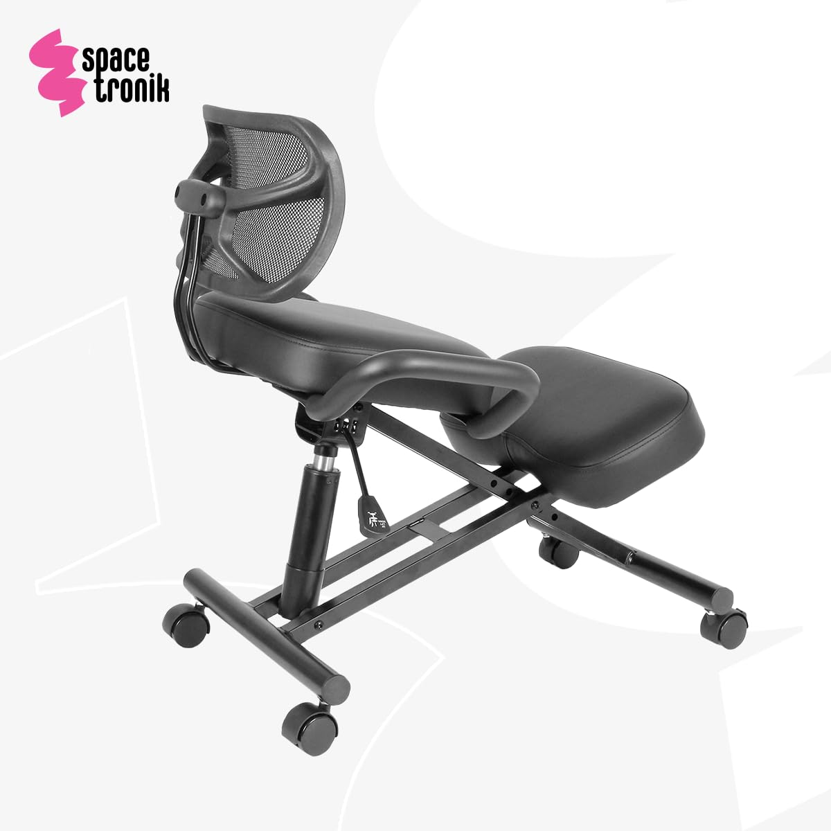 Spacetronik Kniestuhl Ergonomisch mit Rückenlehne, Kniehocker Höhenverstellbar 45–65 cm, Bürostuhl zur Korrektur der Sitzhaltung, Rollhocker für Büro & Home Office, Stahlrahmen bis 125 kg