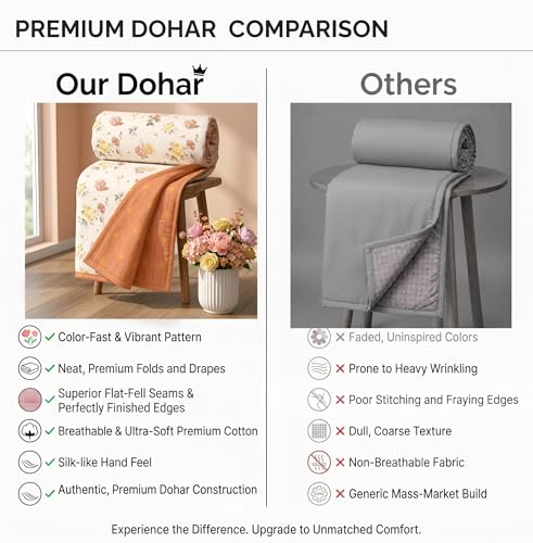 Image of HOMEKART Luxury Cotton Dohar Blanket for Single Bed | Ultra Soft Reversible AC Quilt | Floral Printed Lightweight Summer Blanket | 58x88Inches (Rose Aura)