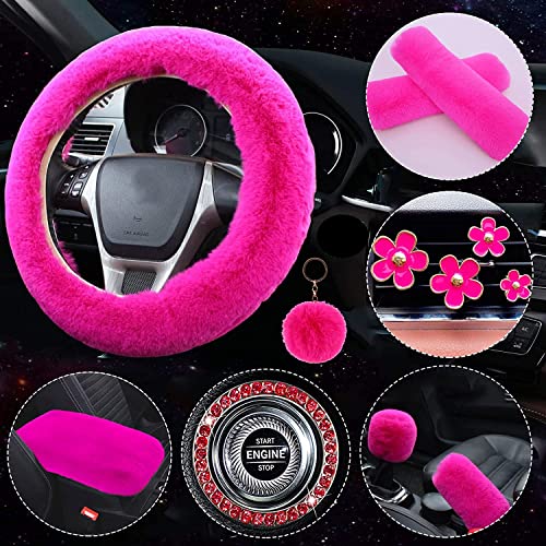 LXPKKIG - Funda para volante de lana sintética, bonito juego de accesorios para mujeres y niñas, ajuste universal de 15 pulgadas, 1 juego de 12 unidades (rojo rosa)