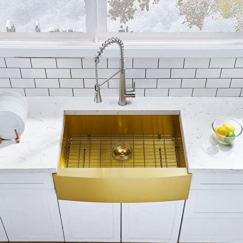 Hotis Gold Farmhouse Sink, 30 Inch Gold Kitchen Sink, Flat Apron-Front Undermount Drop In Farm Sink, Stainless Steel Single Bowl Handmade Farmhouse Kitchen Sink, Workstation Sink With Accessories #TOP6