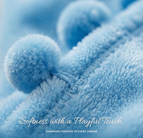Image of SANMARINO 250 GSM Flannel Blanket for Single Bed | Ultra Soft Velvet Touch Throw Blanket with Decorative Pom Pom Fringe | Lightweight & Breathable All-Season /Mild Winter -152x228 cm,Aqua