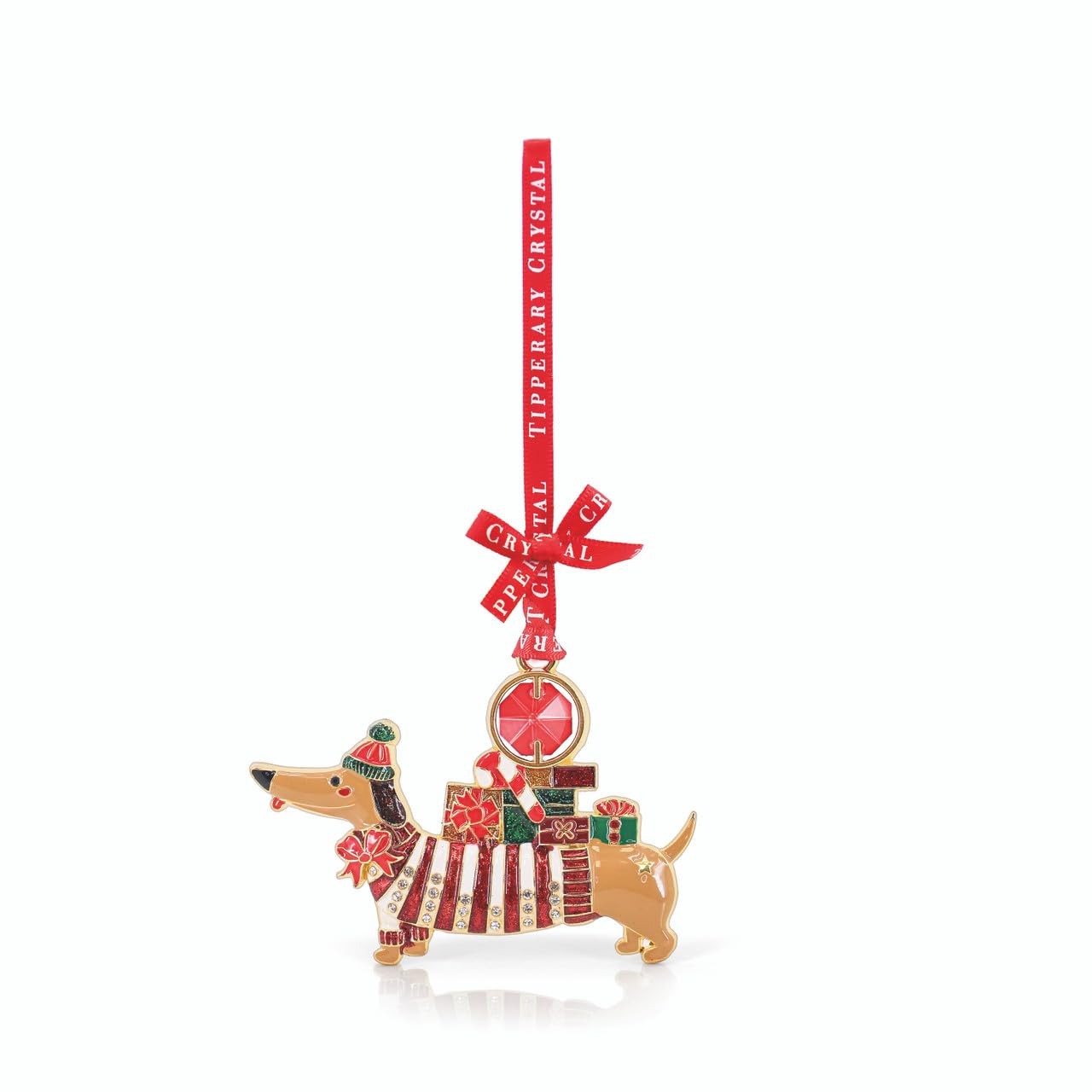 Tipperary Crystal Multi-Colored, Including Red And Green Christmas Dog Gem Decoration – Festive Dachshund Ornament With Sparkling Gifts