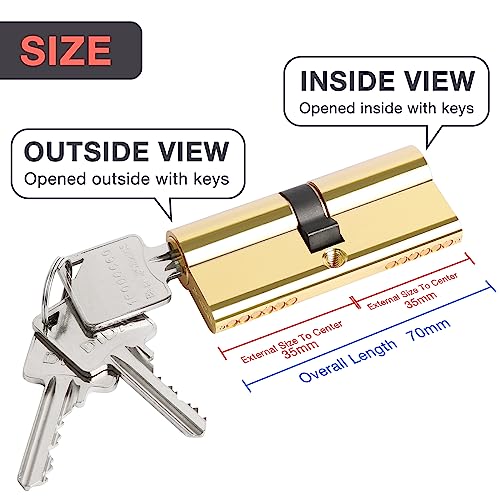 DIDA® 70mm(35/35) Euro Cylinder Lock,UPVC Door Lock Barrel with 3 Keys,High Security,Anti-Pick Anti-Bump Anti-Drill,Polished Gold Finish,Suitable for All Door Types,BS EN 1303:2006 - Image 2