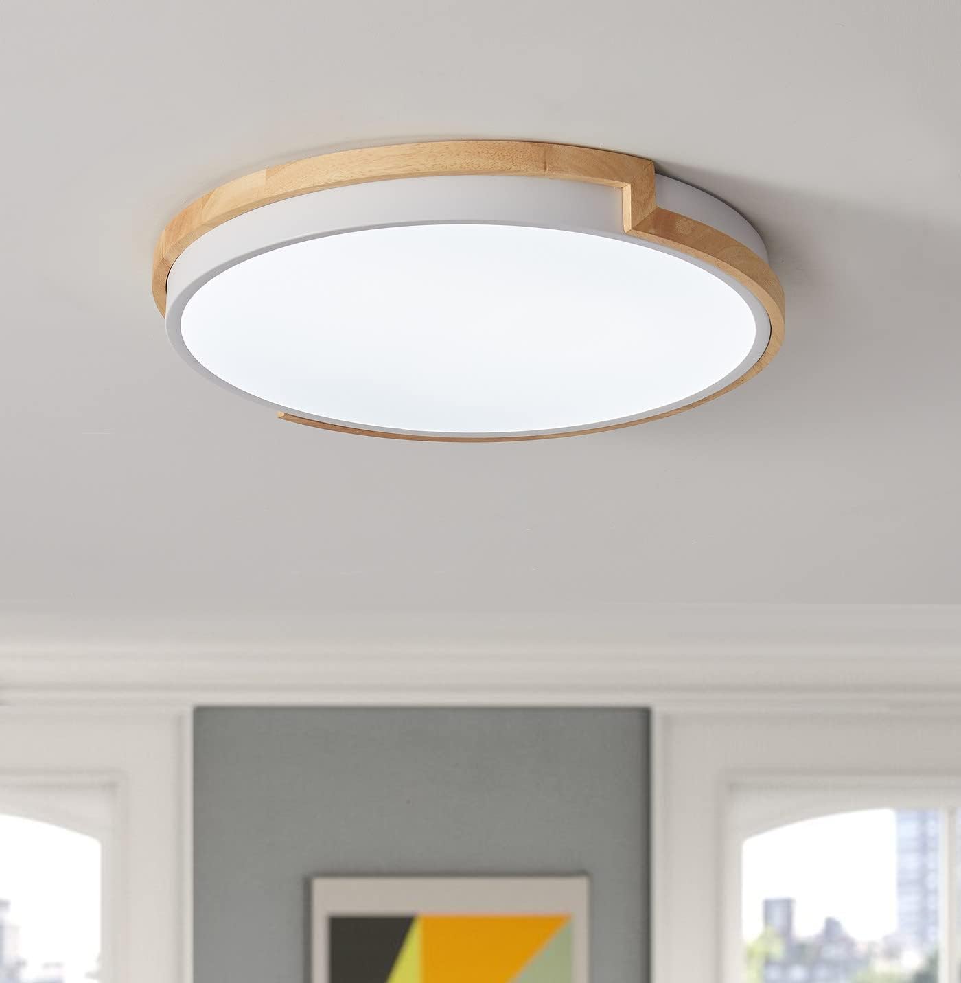 Modern 16.85" LED Wood Flush Mount Ceiling Lighting Dimmable Contemporary Circle Ceiling Light Fixture Simple Round Acrylic Metal Lamp for Bedroom Living Room Kitchen Closet Room Laundry White