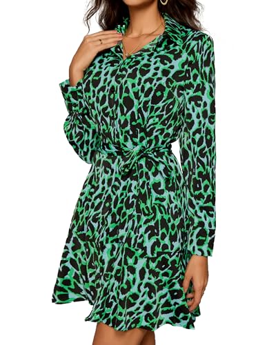 Image of Women's Long Sleeve Button Up Midi Belt Shift Collar Dress with Pockets for Work Office Business