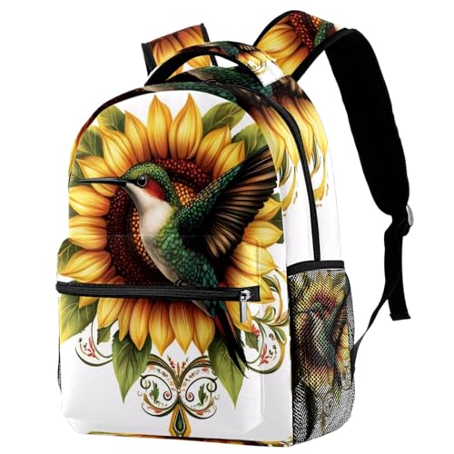 KengjuTesu Mochila de viaje para campus con estampado de girasoles y colibríes, mochila escolar con soporte para botellas para niñas y niños, Multicolor 1, Talla única