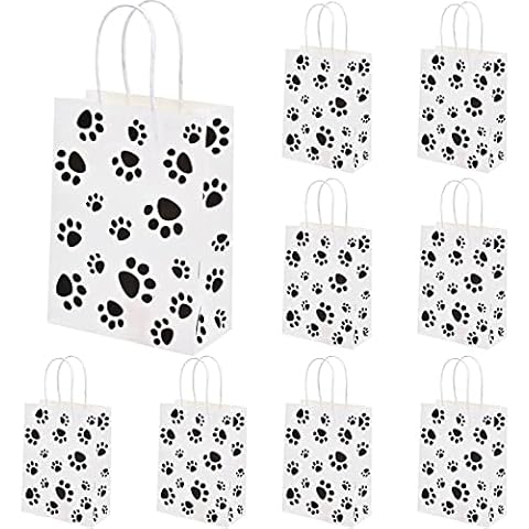 Fvomye 12 Pieces Paw Print Treat Bags with Handles Paw Print Goodie Bags Kraft Paper Bags Gift Treat Bags Shopping Bags Party Favor Bags Cover