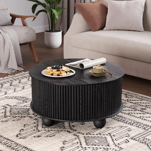Image of JOINICE 31.5 inch Round Coffee Table with Storage,Unique Bun Feet,Black | Modern Center Table for Living Room,Hidden Storage,Fluted Sliding Door,Solid Wood Legs,Easy Assembly,Up to 110 lbs