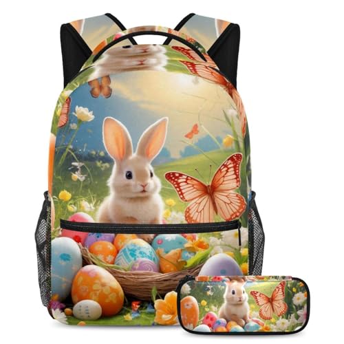 Sac d'école lapin de Pâques grand volume avec sa trousse assortie pour ranger les fournitures
