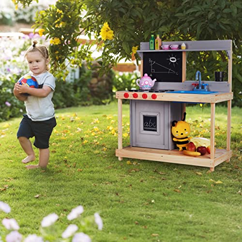 Relaxdays Matschküche, Kinder, mit Spülbecken, Herd & Ofen, Outdoor Spielküche, HBT: 100x87,5x40,5 cm, Holz, Natur/grau – Bild 4