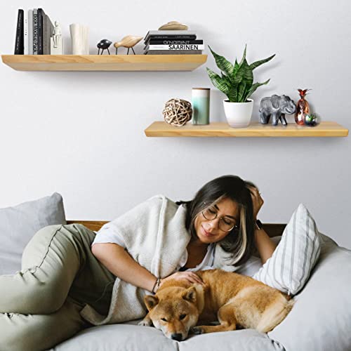 Wood Floating Shelves, 100% Ash Wood, Set Of 2-Rustic Shelf 24" Wide Wooden Wall Shelves, Made In Europe, For Living Room Bedroom Kitchen Bathroom Farmhouse, Natural Color, 24 X 6.5 Live Edge #TOP4