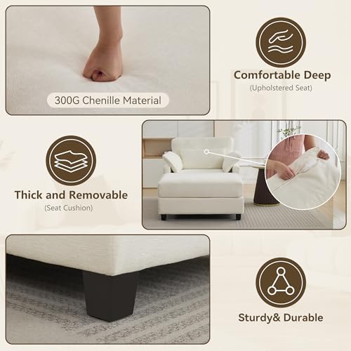Image of WUTUTUEE 57.5 inch Oversized Chaise Lounge with Ottoman Indoor, White Reading Chair with Ottoman & Sofa Bed, Chenille Upholstered Comfy Sleeper Chair for Living Room, Bedroom, Office
