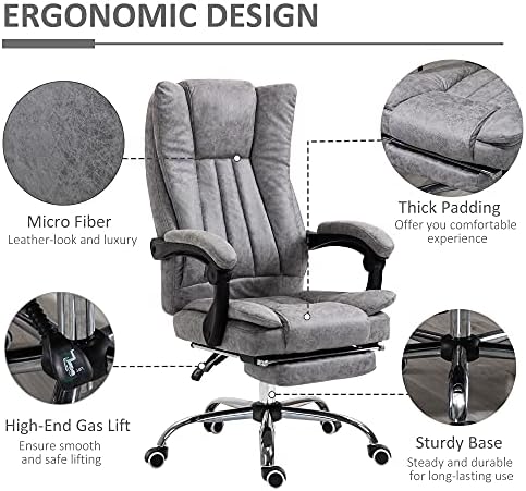 Vinsetto Executive Office Chair Micro Fibre Computer Desk Chair for Home with Arm, Swivel Wheels, Footrest, Grey