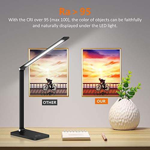 LED Desk Lamp with USB Charging Port, Dimmable Foldable Office Lamp with 5 Lighting Modes and 3 Brightness Levels Memory Function Touch Control Table Lamps for Studying, Working and Reading, Black